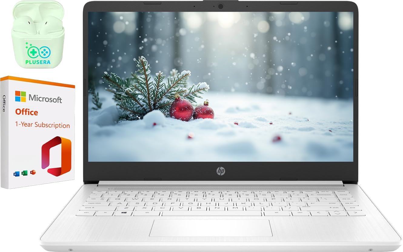 HP 14 Business Laptop Computer with Microsoft Office 365  Intel Quad-Core Processor  64GB eMMC  4GB RAM  Windows 11 Laptop  PLUSERA Earphones  White