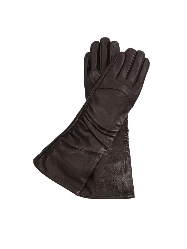 Long dark brown gloves with a crease