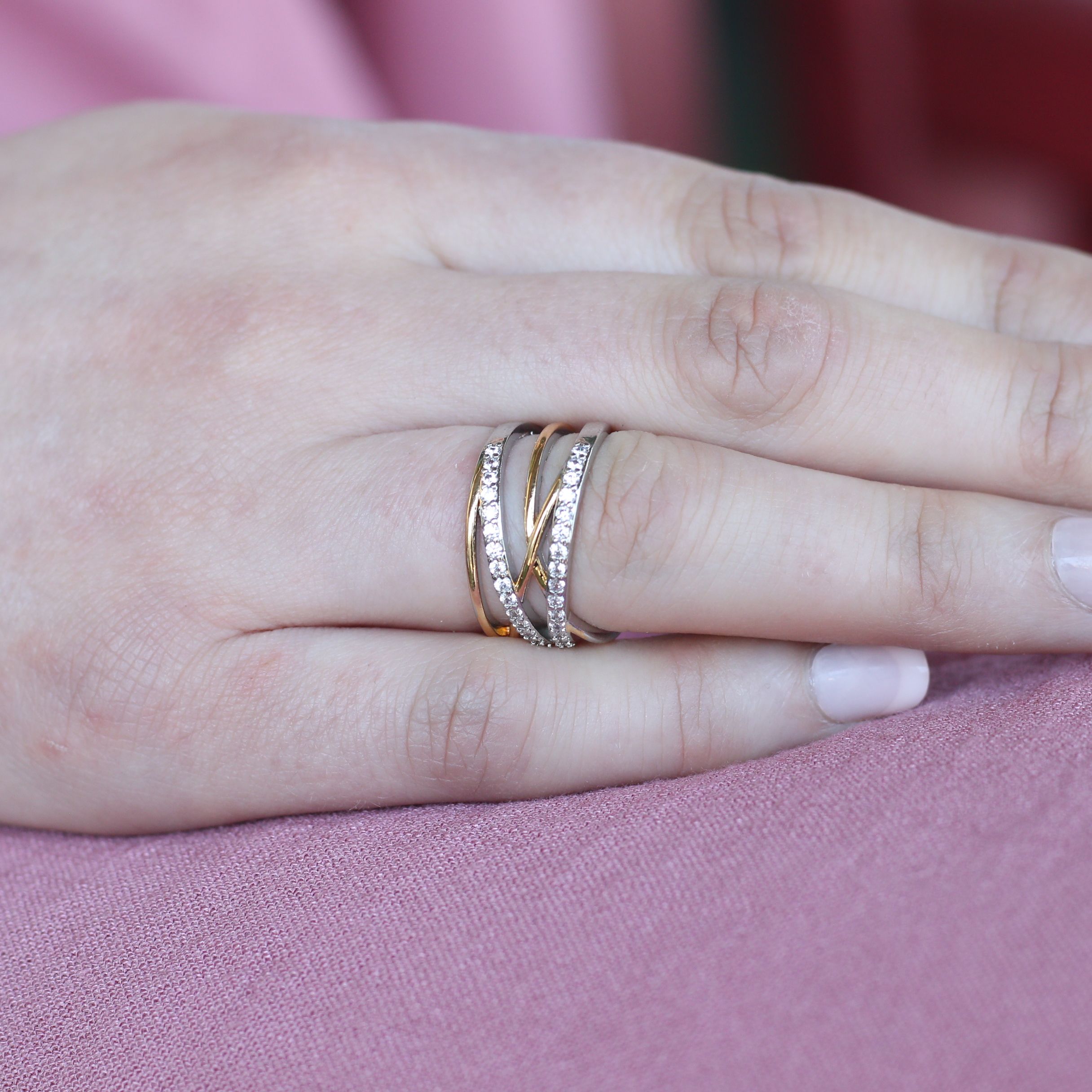 The Colourful Aura Cross Wide Silver Gold Stone Band Ring