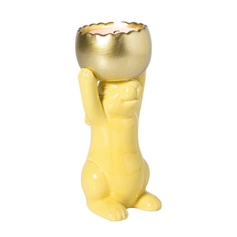 Waxinelichthouder haas - geel/goudkleurig - 8.5x13x6.5 cm