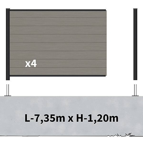 Kit Clôture Composite sur Muret RIO Platine 7,5x1,2m - Bois composite &Aluminium - Poteaux sur Platines Noir - Brise vue