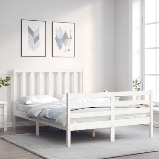 NNEVL Bed Frame with Headboard White 137x187 cm Double Solid Wood