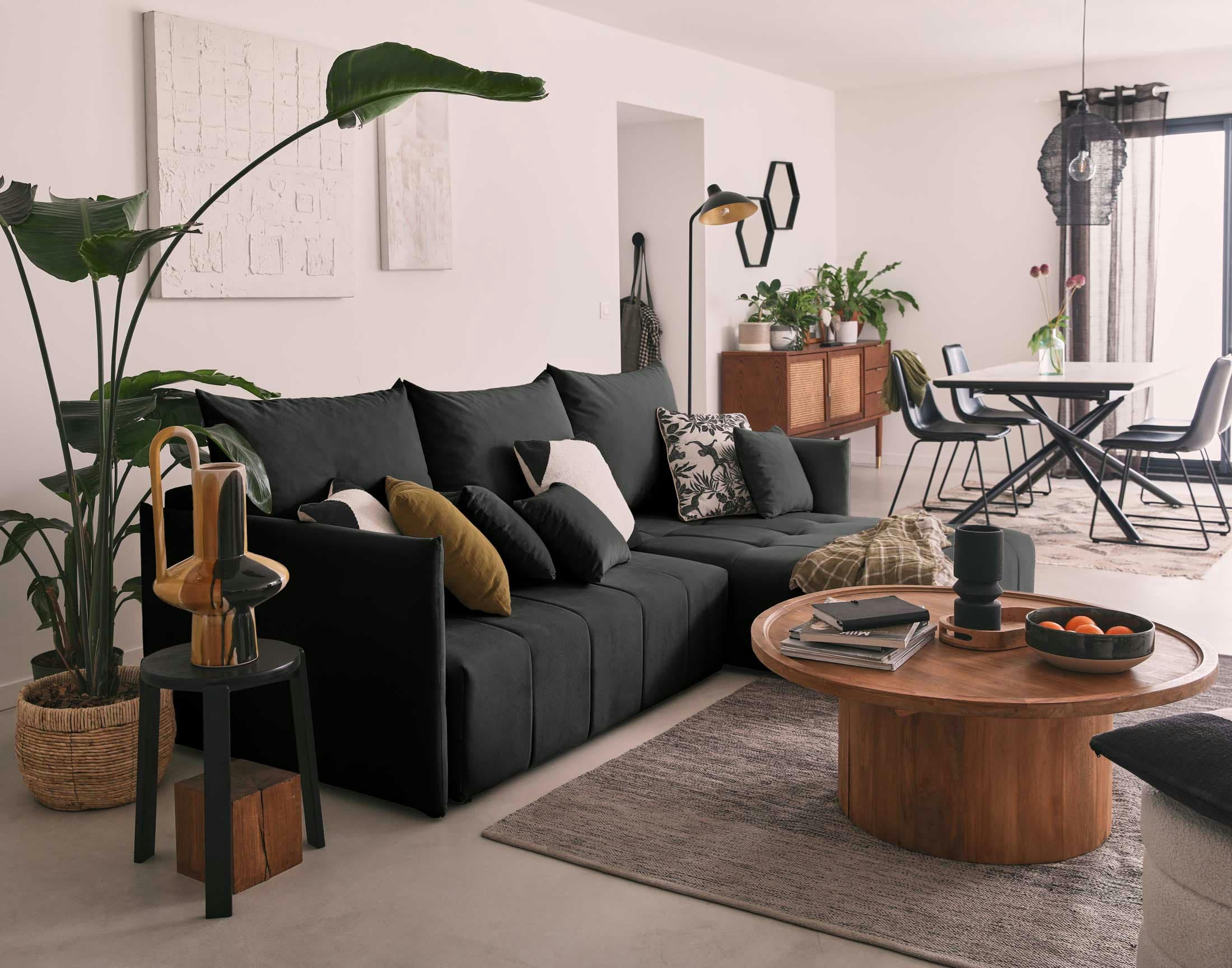 PETRA - Canapé d'angle réversible convertible 4 places en velours gris foncé