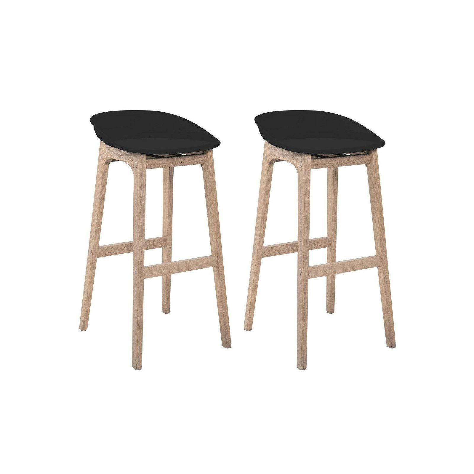 RIVA - Tabourets d'ilot 65cm  pieds chêne assise plastique noire - Lot de 2