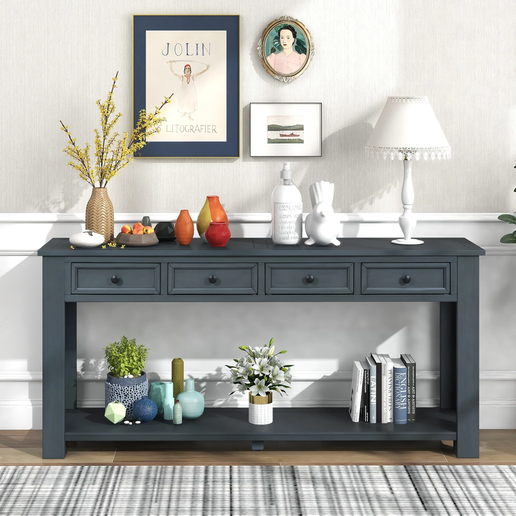 GDFStudio - Thatcher Rustic 63 Console Table with Four Drawers and Bottom Shelf