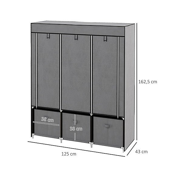 Armoire de Rangement Penderie en Tissu Gris Pliable   5 Etagères   3 Tiroirs et 2 Barres de Suspension Chambre Dressing