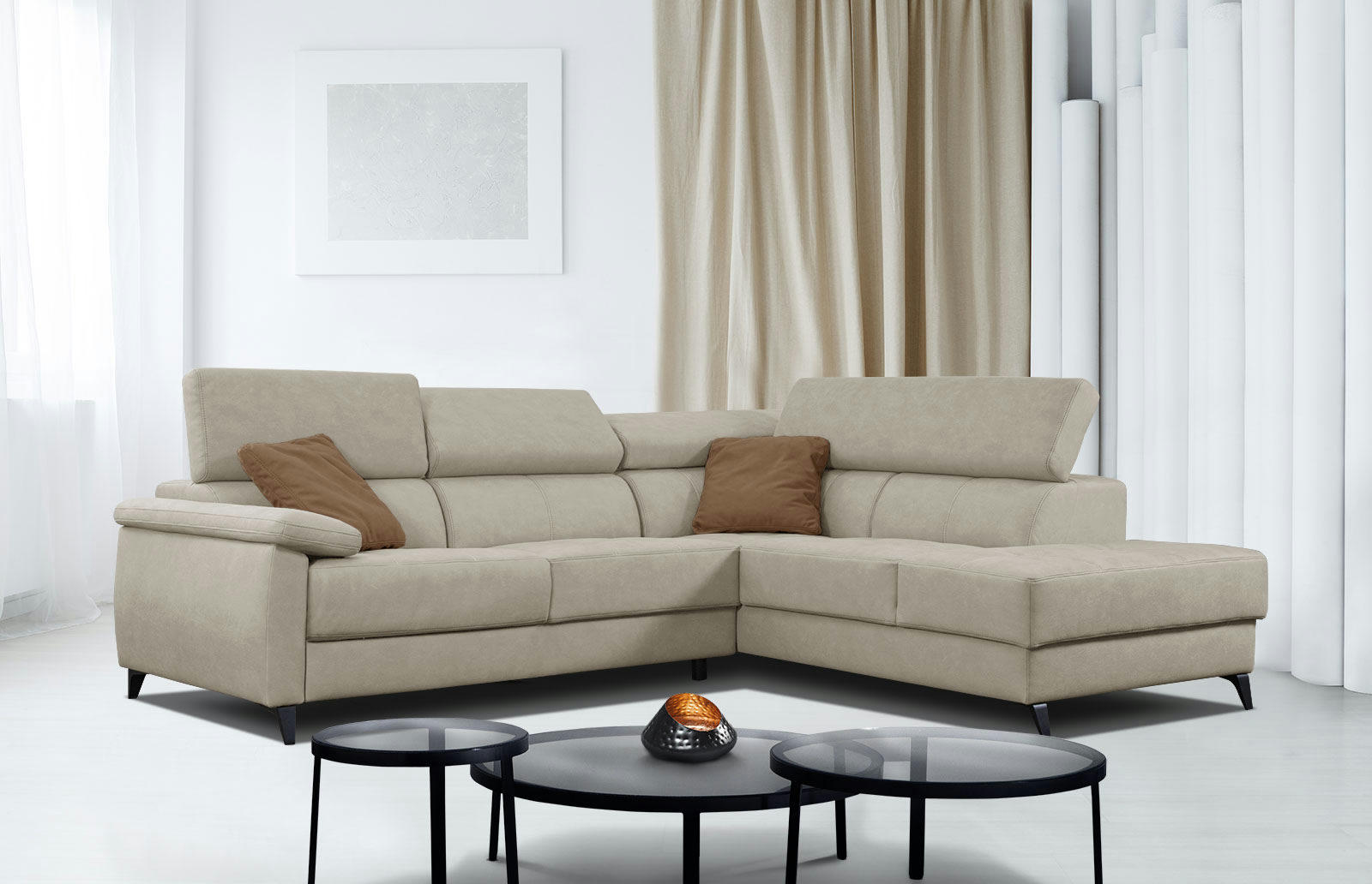 TAUNUS - Canapé d'angle droit 5 places beige clair