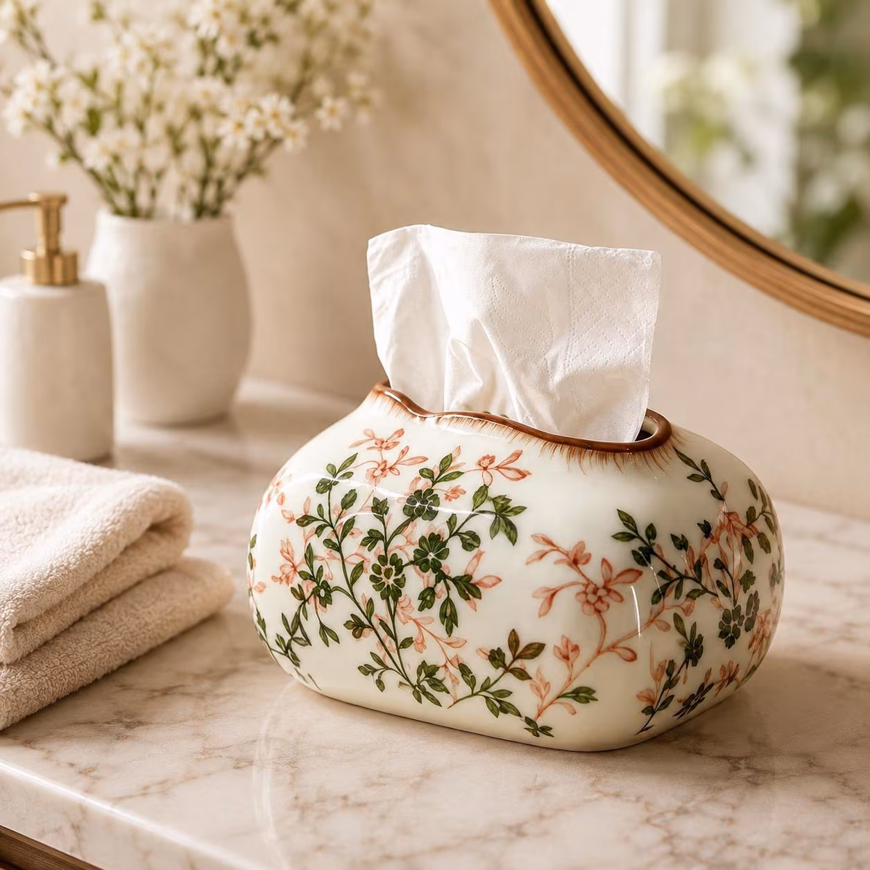 Floral CeramicTissue Box Cover, HandmadePorcelainTissue Holder, VintageBotanical Home Decor, ElegantBathroom VanityDecor, Living Room Accent