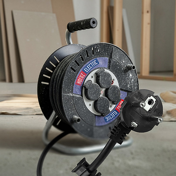 Enrouleur électrique 20 m, 4 prises, type E, 3x1,5 mm², IP44 - rallonge pour jardin et atelier HOROZ