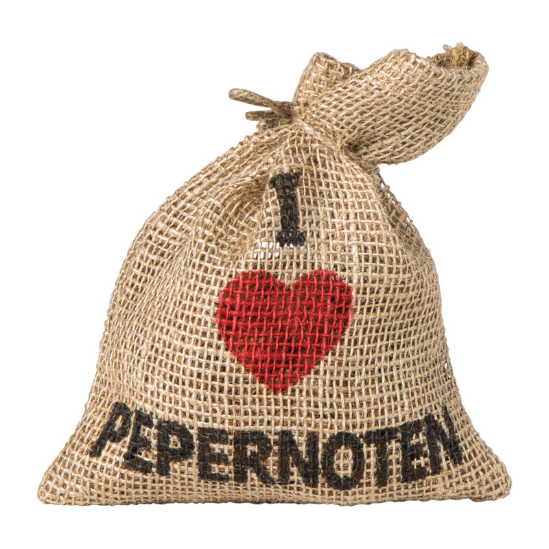 Juten zak 'i love pepernoten' - bruin - 19x16 cm