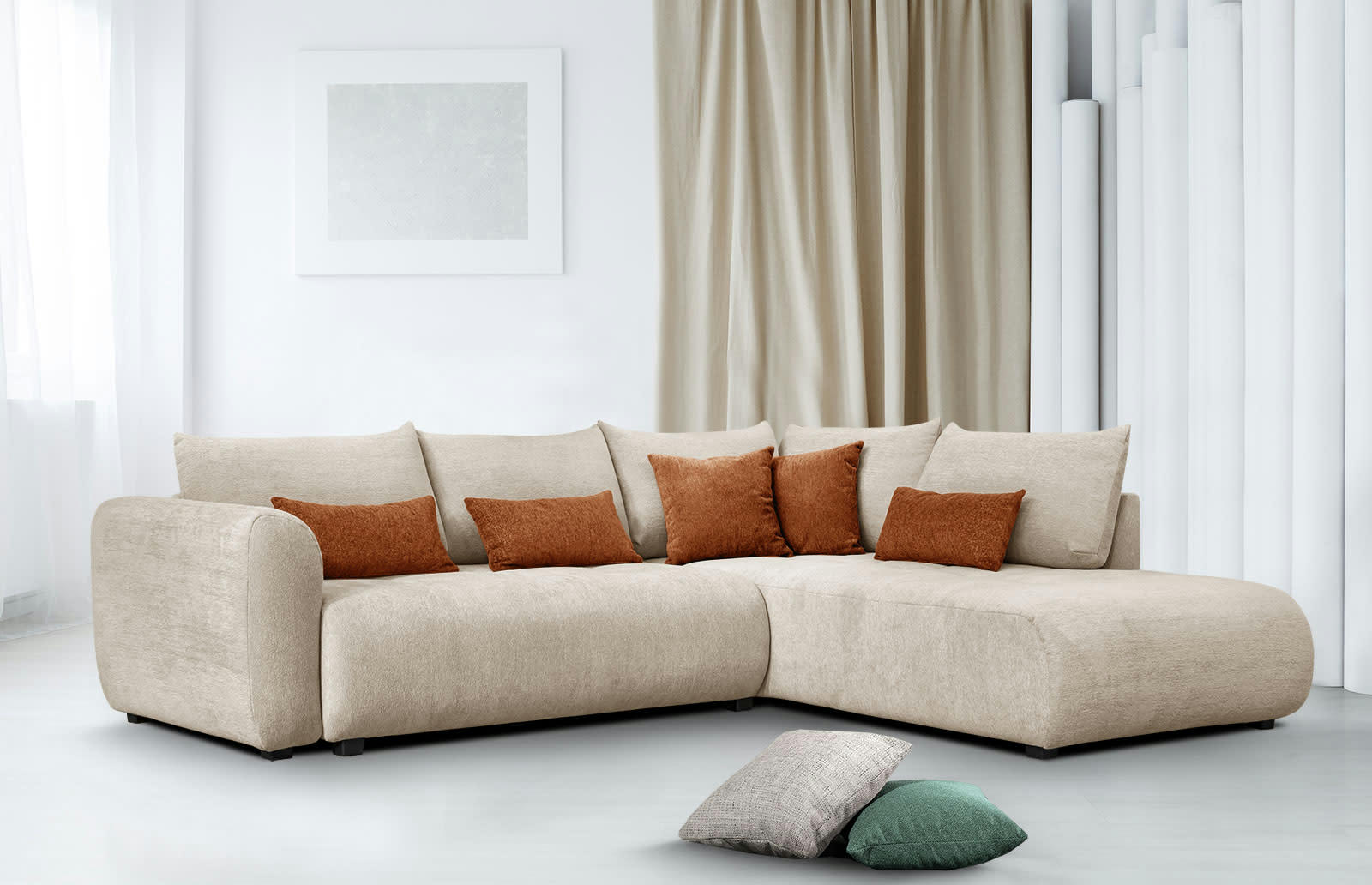 SORENO - Canapé d'angle droit 5 places beige avec le couchage