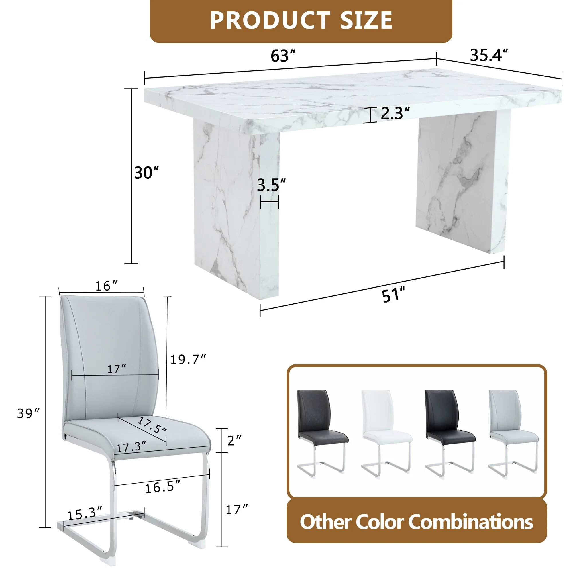 Table and chair set, Imitation Marble Pattern MDF Dining Table Set - 4 Soft and Comfortable PU Chair With Arched Metal Leg
