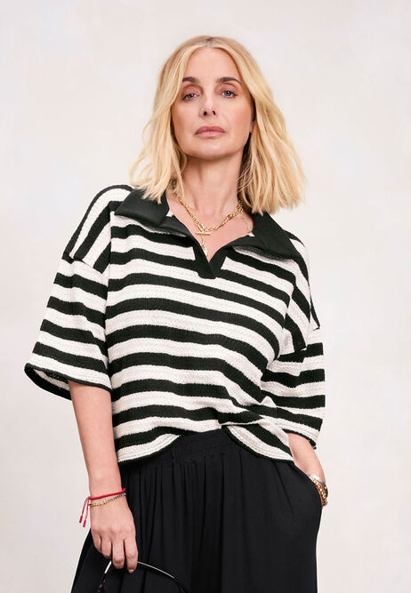 Womens Black Stripe Textured Collar Top