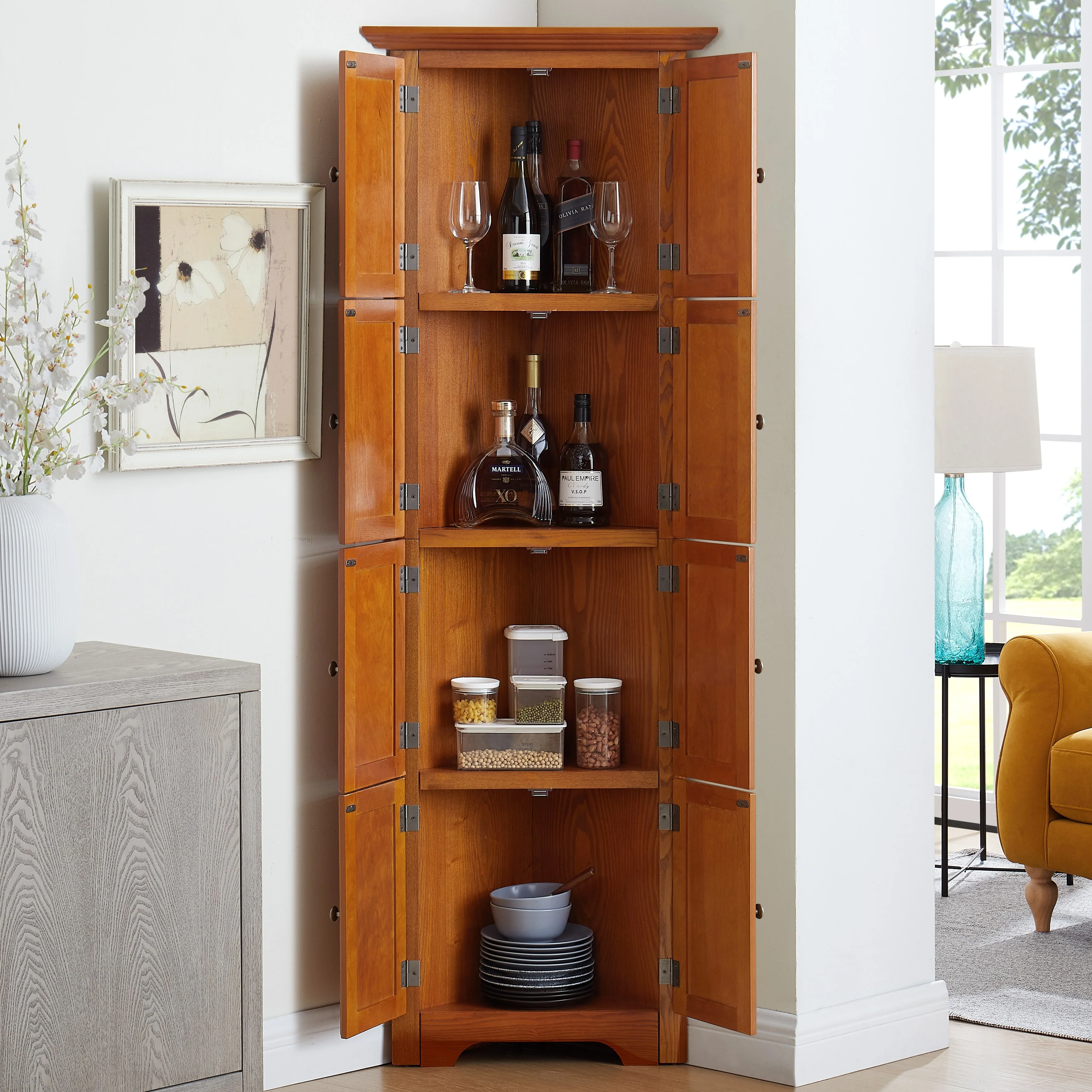 4-Tier 72 Corner Kitchen Pantry Storage Cabinet with 8 Doors Tall Storage Cabinet, Corner Cabinet and Shelves