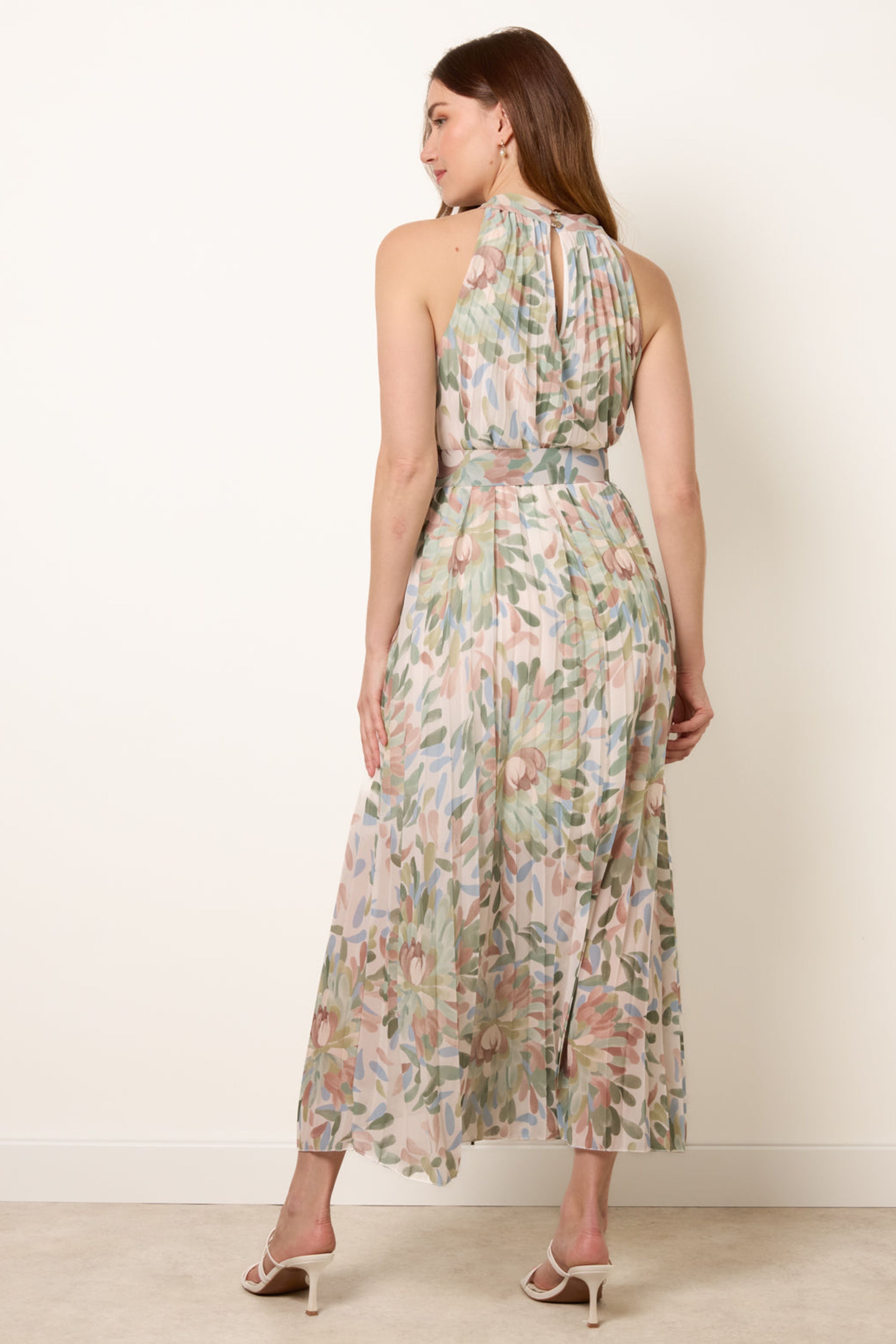 Blue Vanilla Green Printed Pleated Dress With Belt