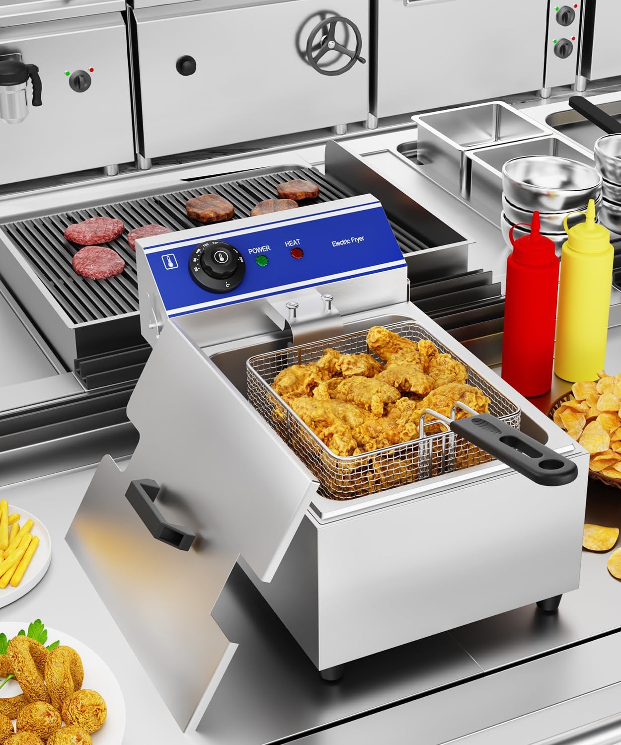 DULONG Commercial Electric Deep Fryer,10.57/10L Countertop Stainless Steel Deep Fryer with Basket,1500W Temperature Control Single Large Tank Fryer for Restaurant Home Kitchen