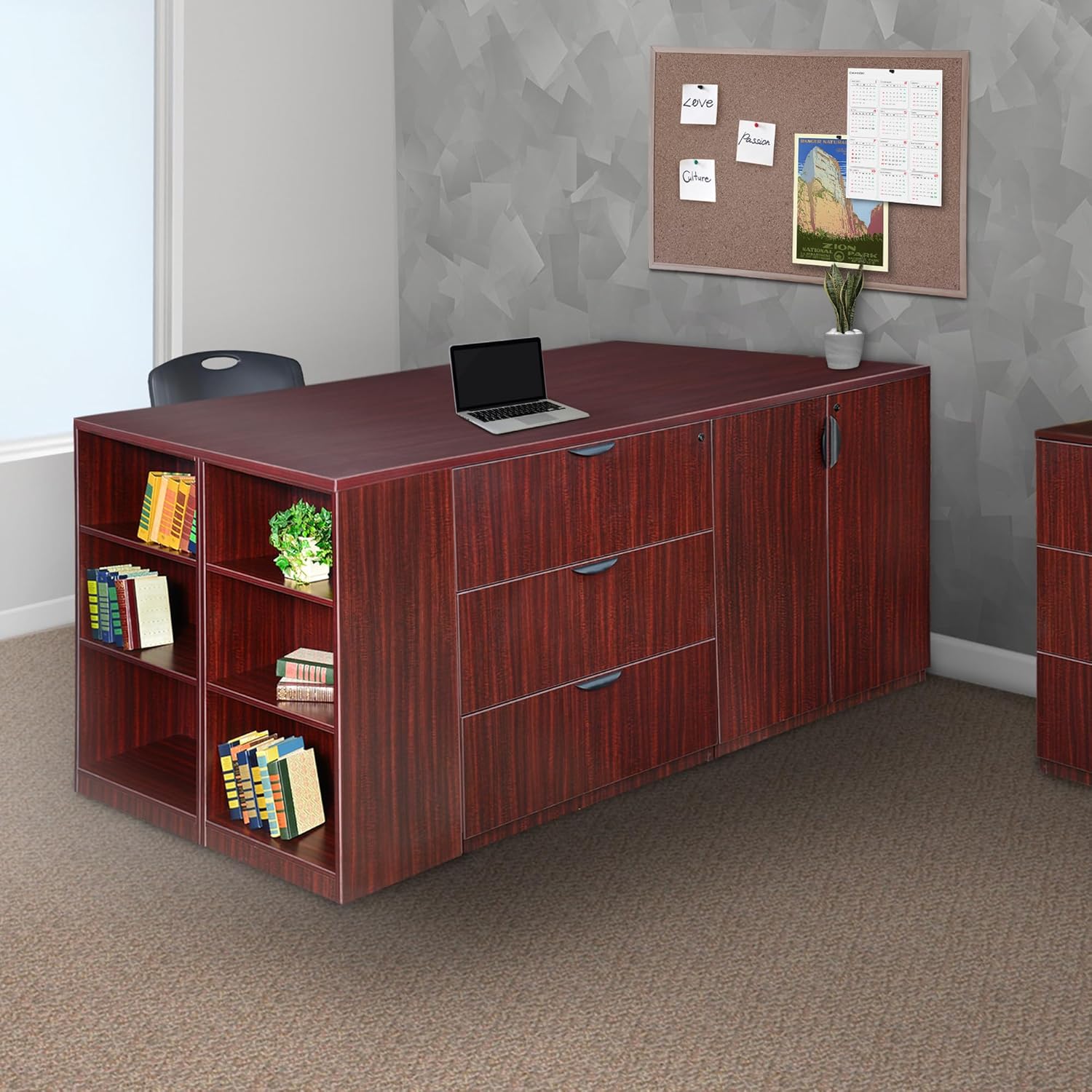Regency Legacy Stand Up 2 Storage Cabinet/Lateral File/Desk Quad with Bookcase End- Mahogany