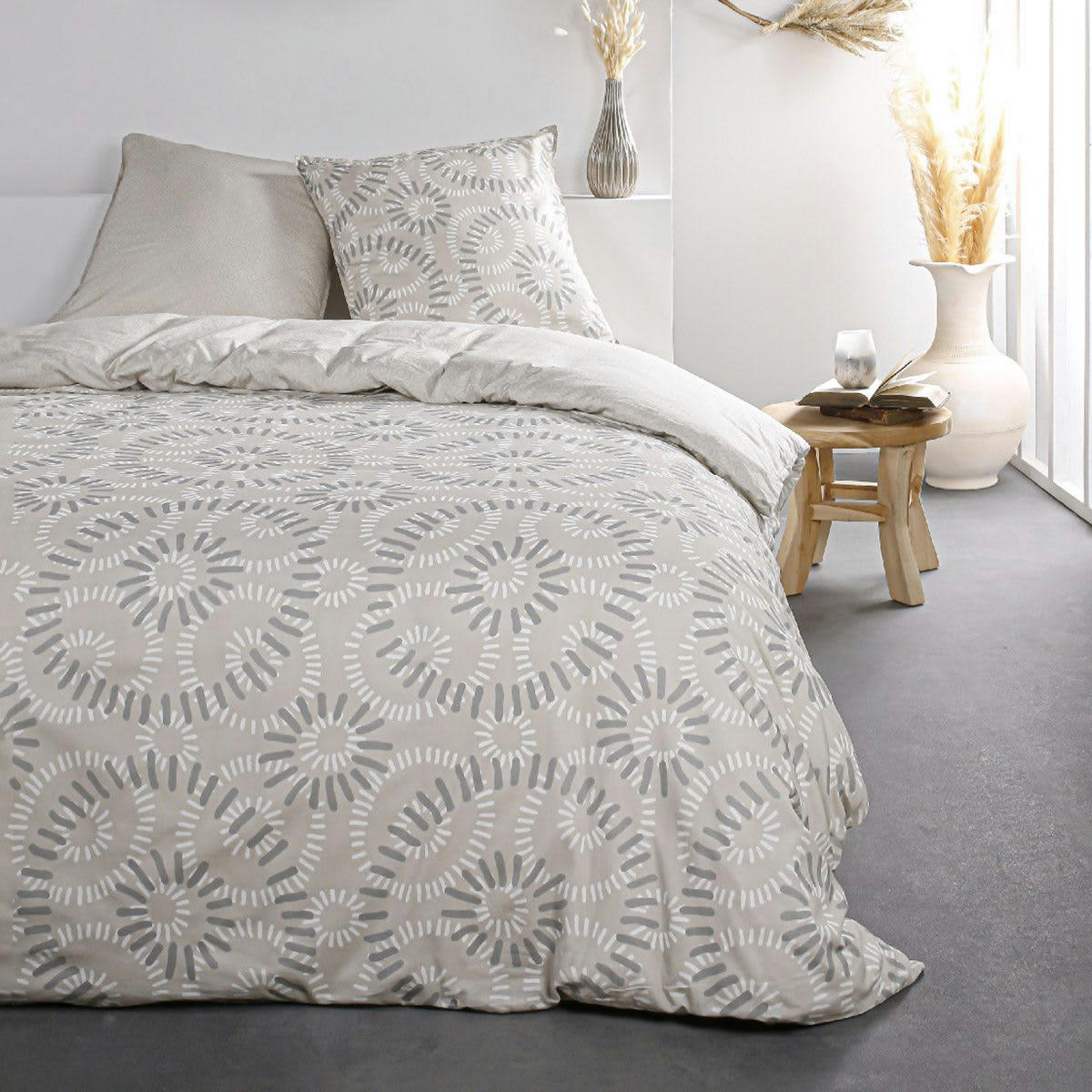 SUNSHINE - Parure de lit 2 personnes imprimé en Coton Beige 220x240 cm