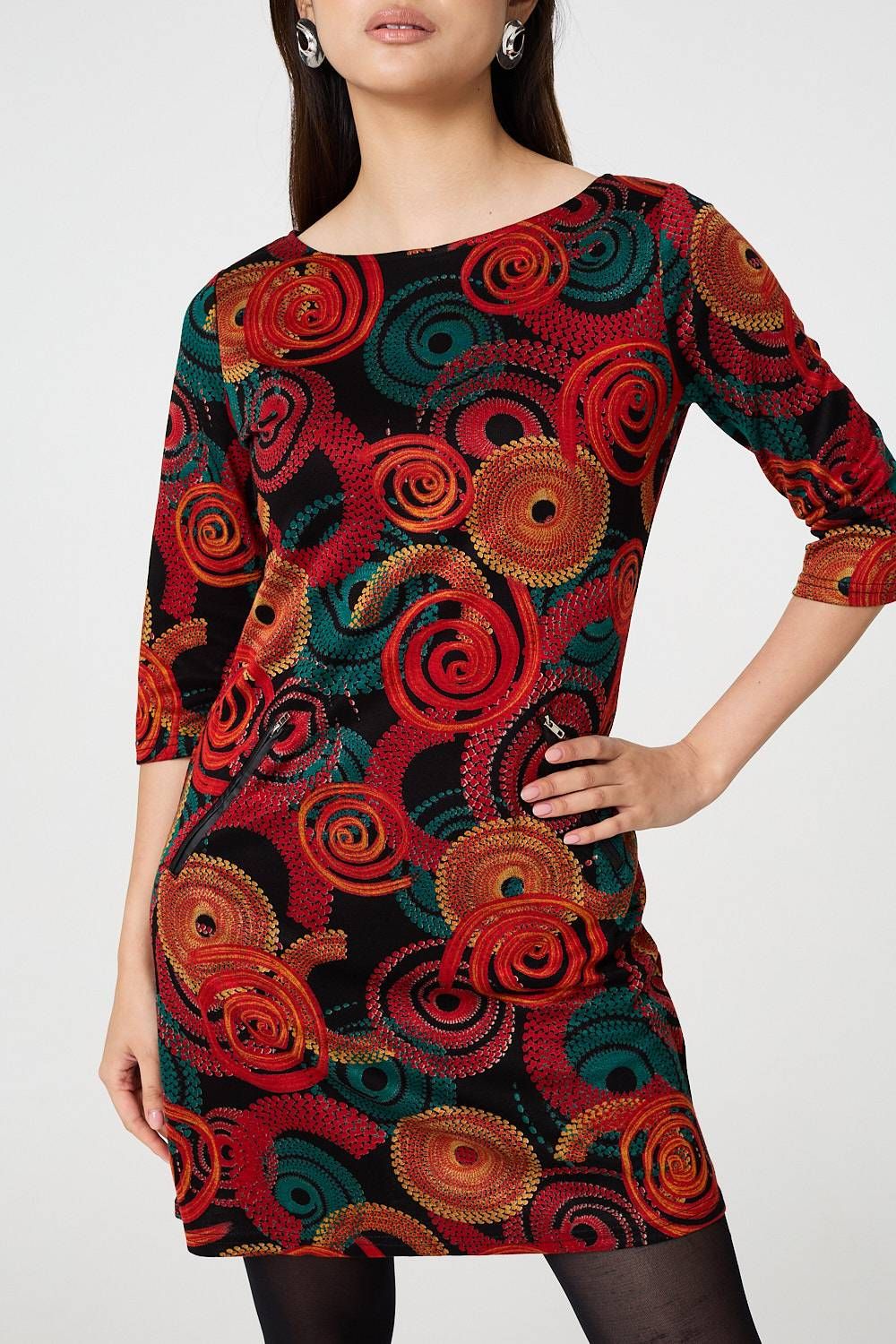 Izabel London Abstract 3/4 Sleeve Short Shift Dress
