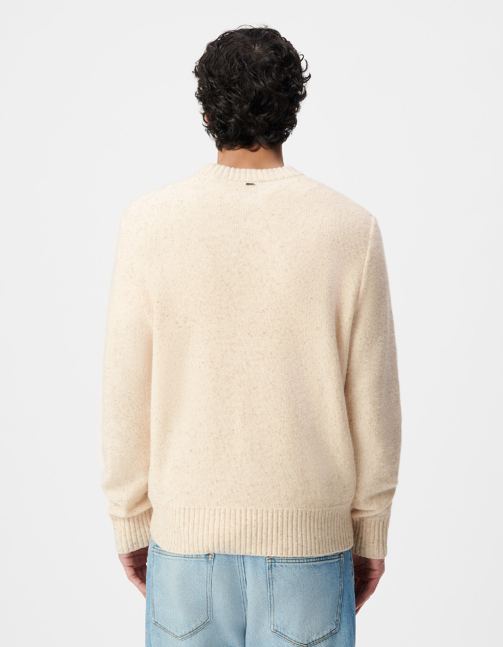 Pull hiver beige tricot mouliné col rond Homme
