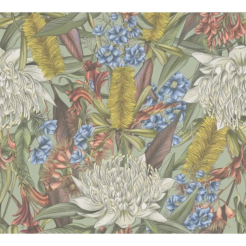 Livingwalls behang bloemen meerkleurig, groen, geel, blauw en rood