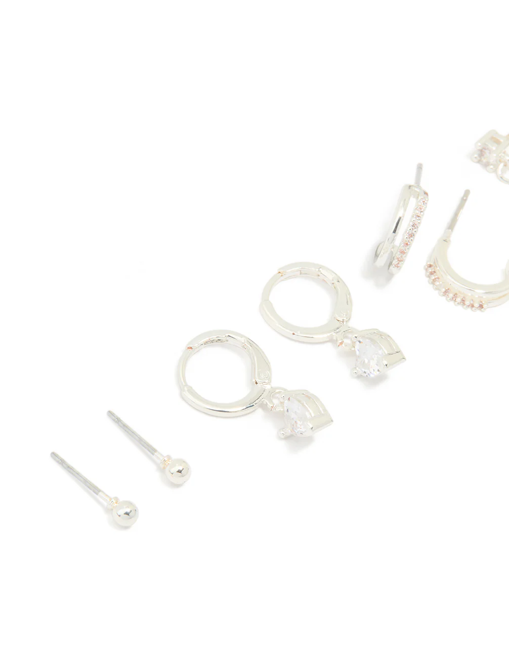 Silver Plated Brass Cubic Zirconia Heart Huggie & Stud Earrings 4-Pack