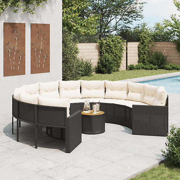 Canapé de jardin avec table coussins rond noir résine tressée vidaXL