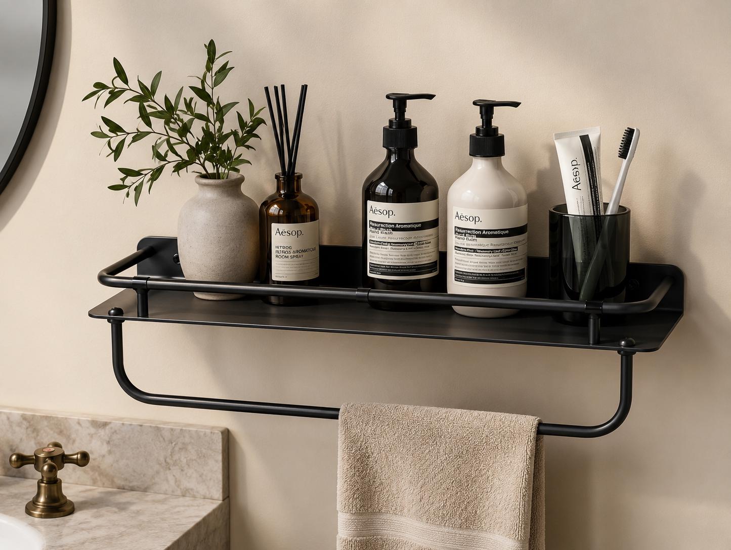 Modern Brass Bathroom Shelf with Towel Bar | Wall Mounted Organizer Storage