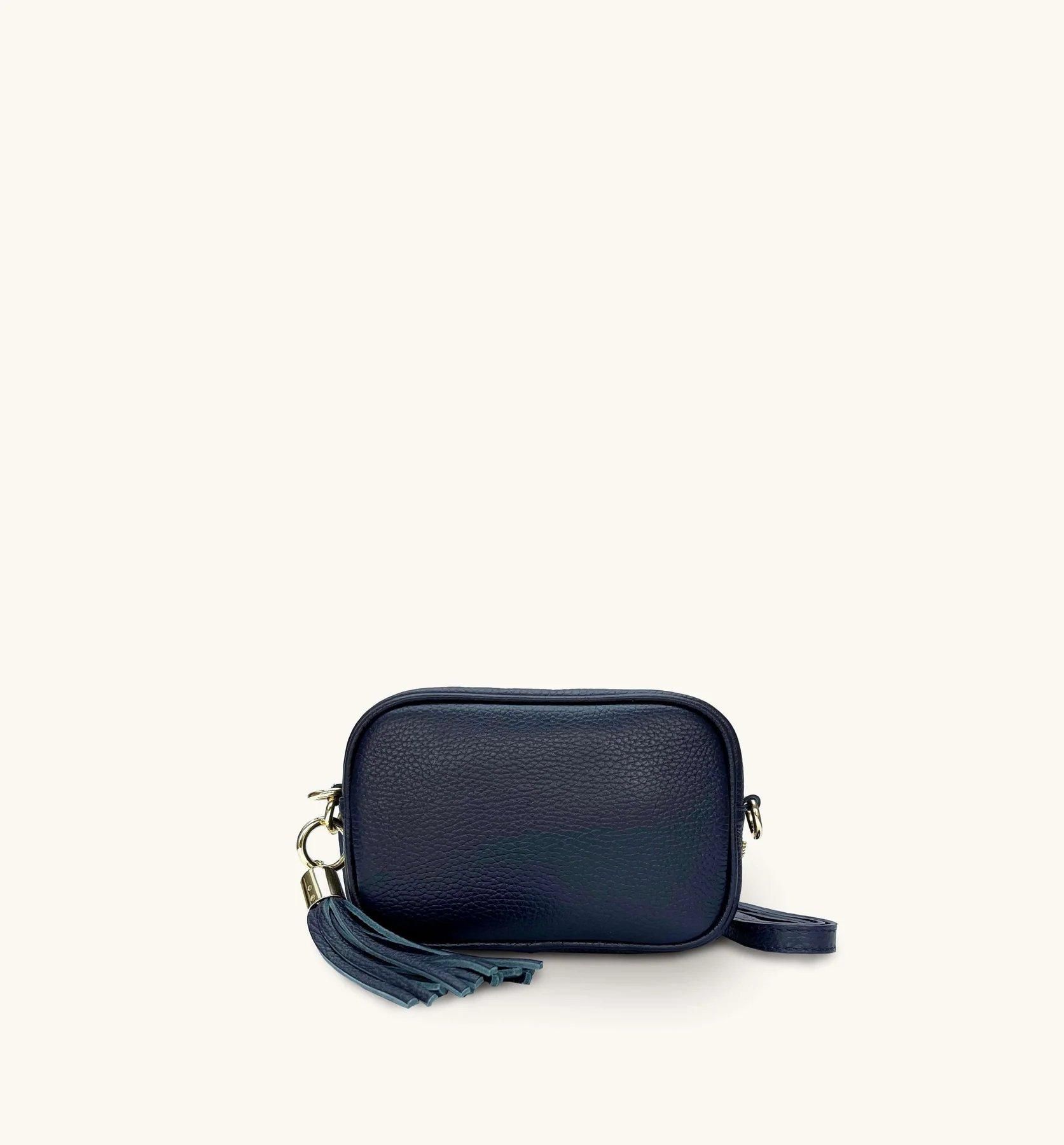 Apatchy London The Mini Tassel Navy Leather Phone Bag With Navy Boho Strap