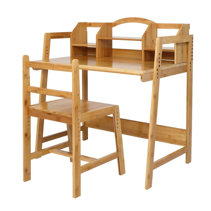 Adjustable Height Bamboo Study Desk And Chair With Bookshelf