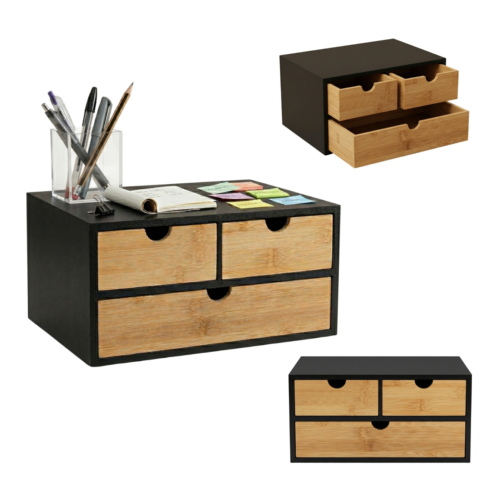 Bambusowy organizer na biurko HEGO,16 cm, 3 szufladkowy szufladkami
