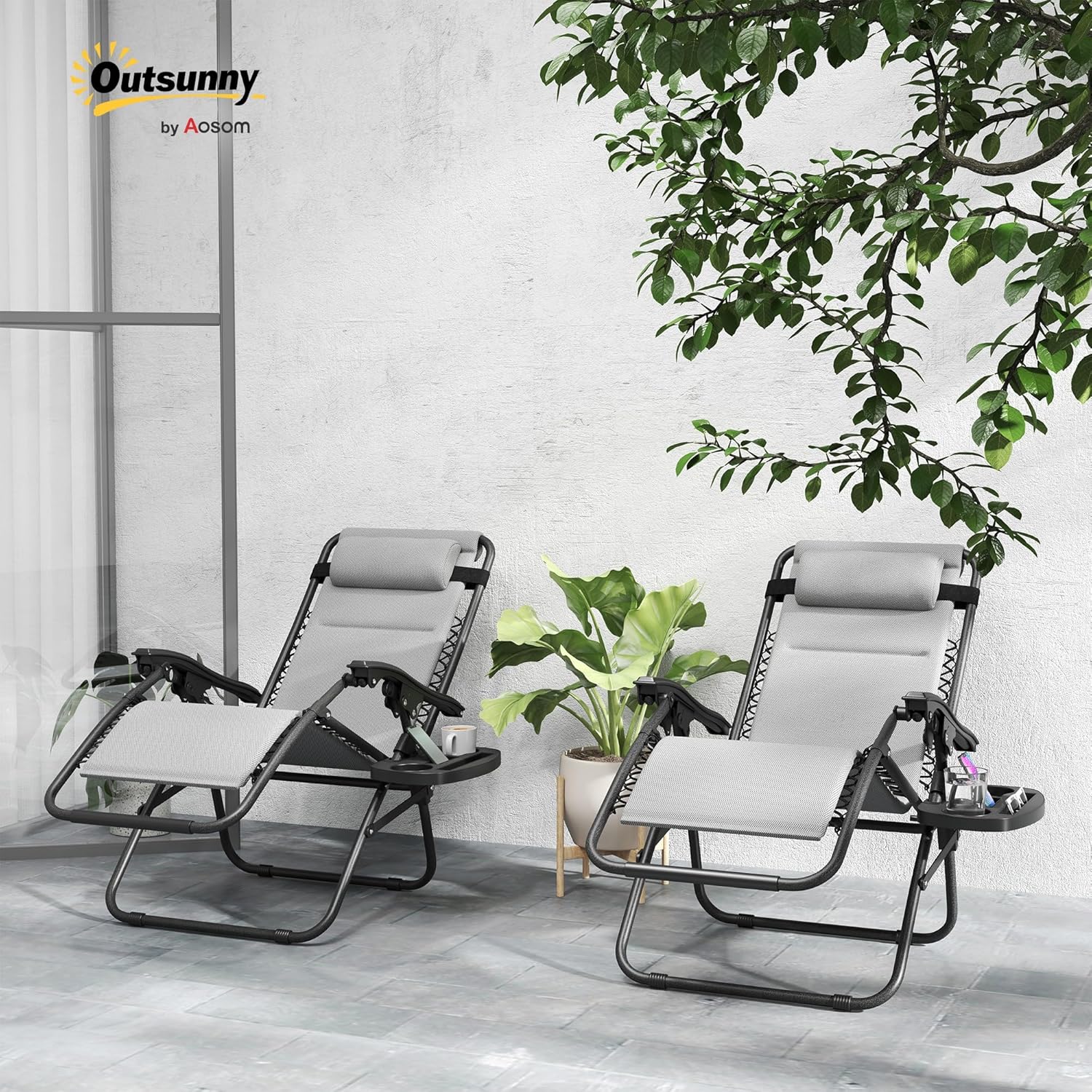 Outsunny Zero Gravity Chairs Set of 2, Reclining Folding Zero Gravity Lounge Chair, Outdoor Lounge Chairs with Cushion, Headrest, and Cup Phone Holder Tray for Patio, Beach, Light Gray