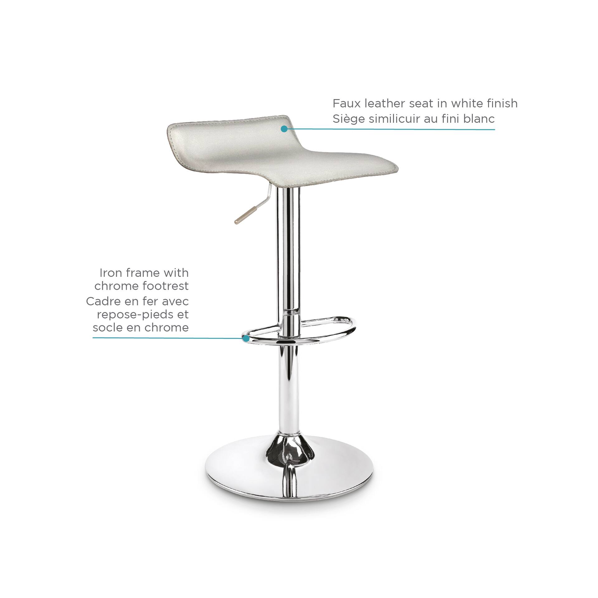 For Living Chrome & PU Leather Counter/Bar Stool Adjustable Height, White