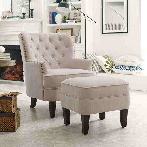 Elroy 32�� Wide Tufted Wingback Chair and Ottoman - Bed Bath  Beyond(Beige)