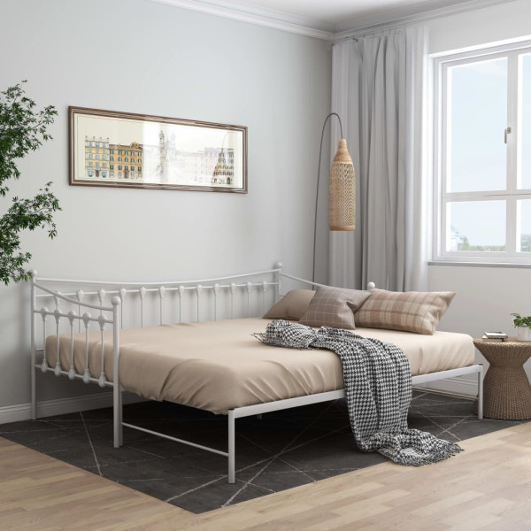 Sofa z wysuwaną ramą łóżka, biała, metalowa, 90x200 cm