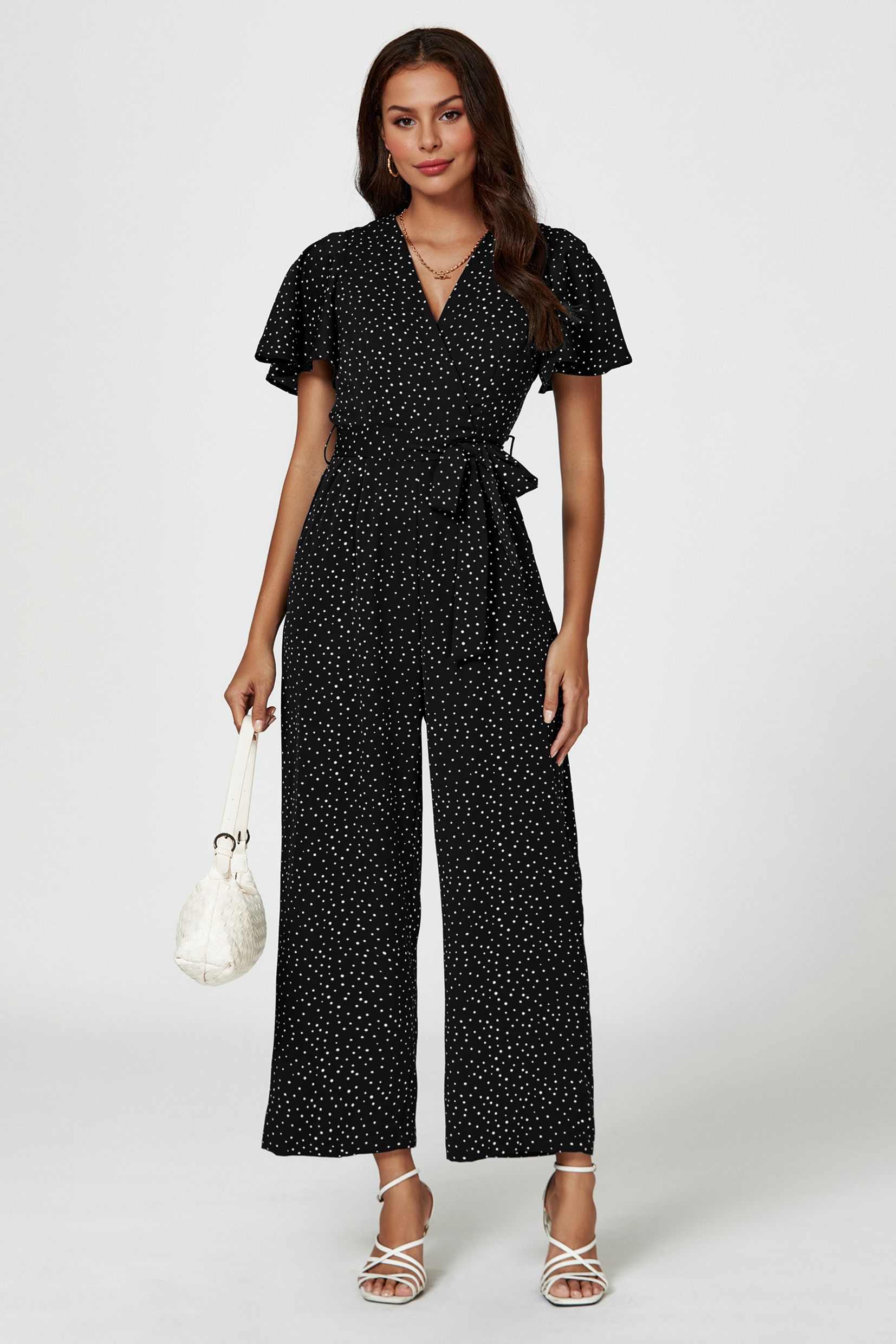 FS Collection Dot Print Wrap Top Jumpsuit In Black