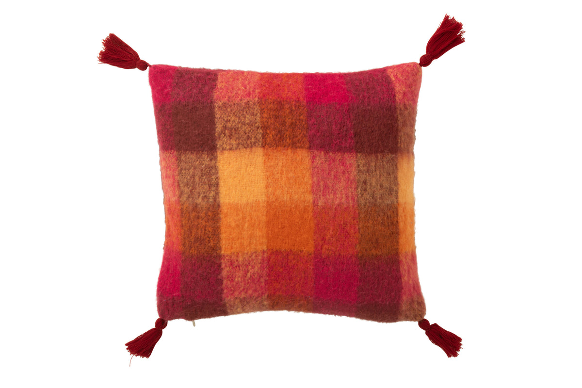 J-Line kussen Ruitjes   Kwastjes - textiel - oranje/bordeaux