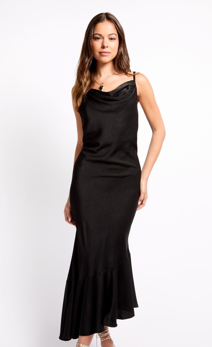 Little Mistress iSKA Black Satin Asymmetric Hem Midaxi Dress