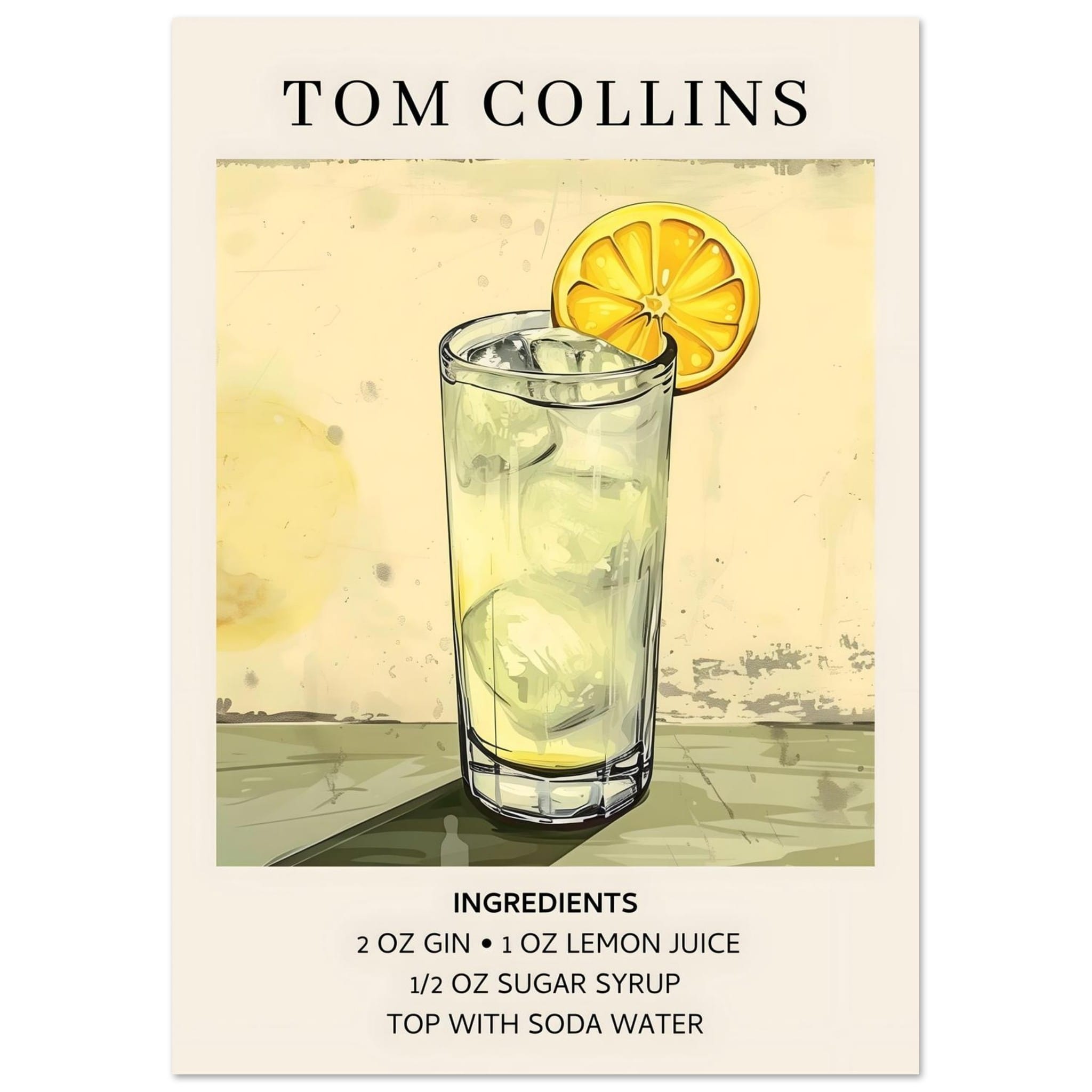 Artfulprints Poster Tom Collins cocktail - Ingrediënten  - A4 21x29.7 cm - Groen