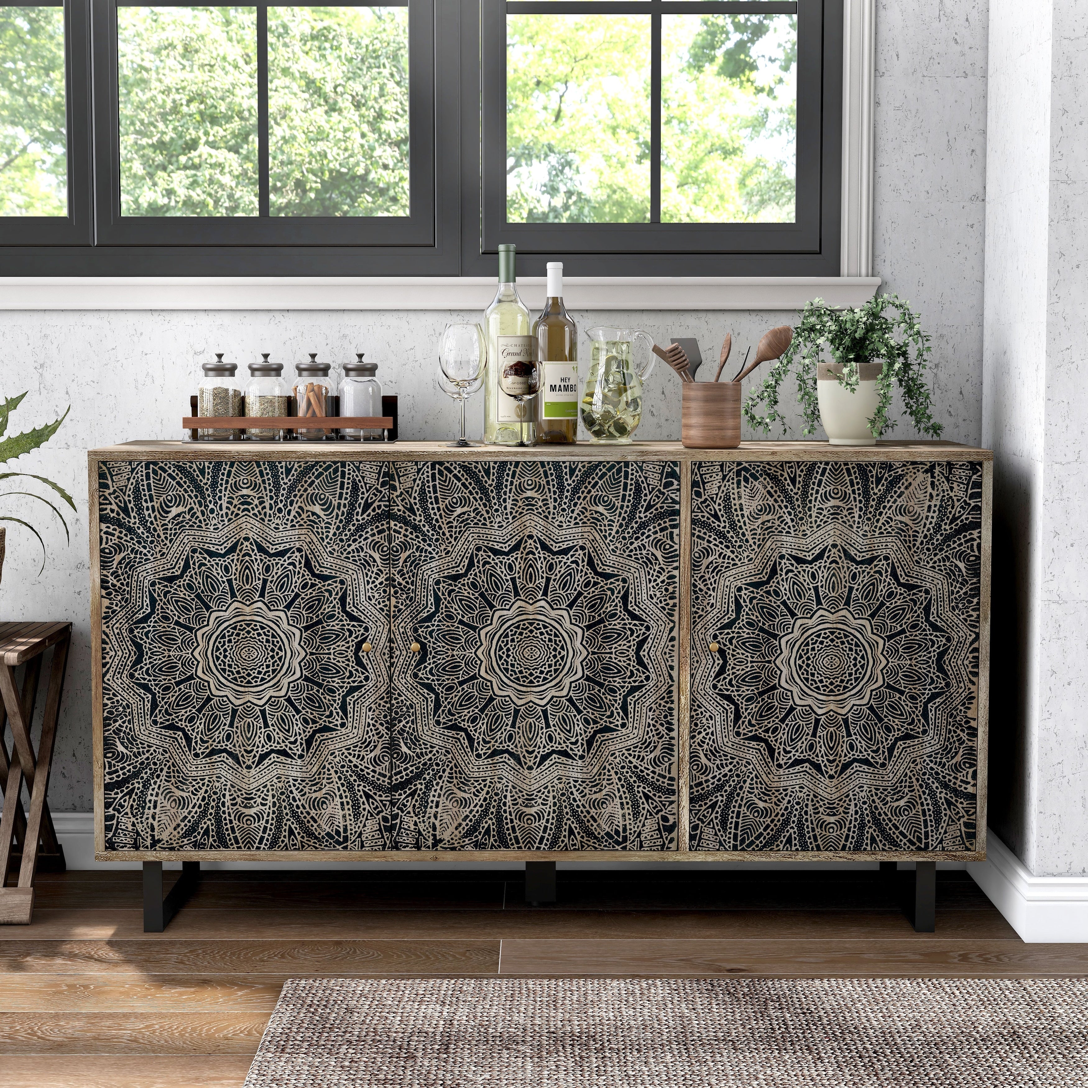 DH BASIC Solid Wood 55 Storage Credenza Entryway Accent Cabinet by Denhour