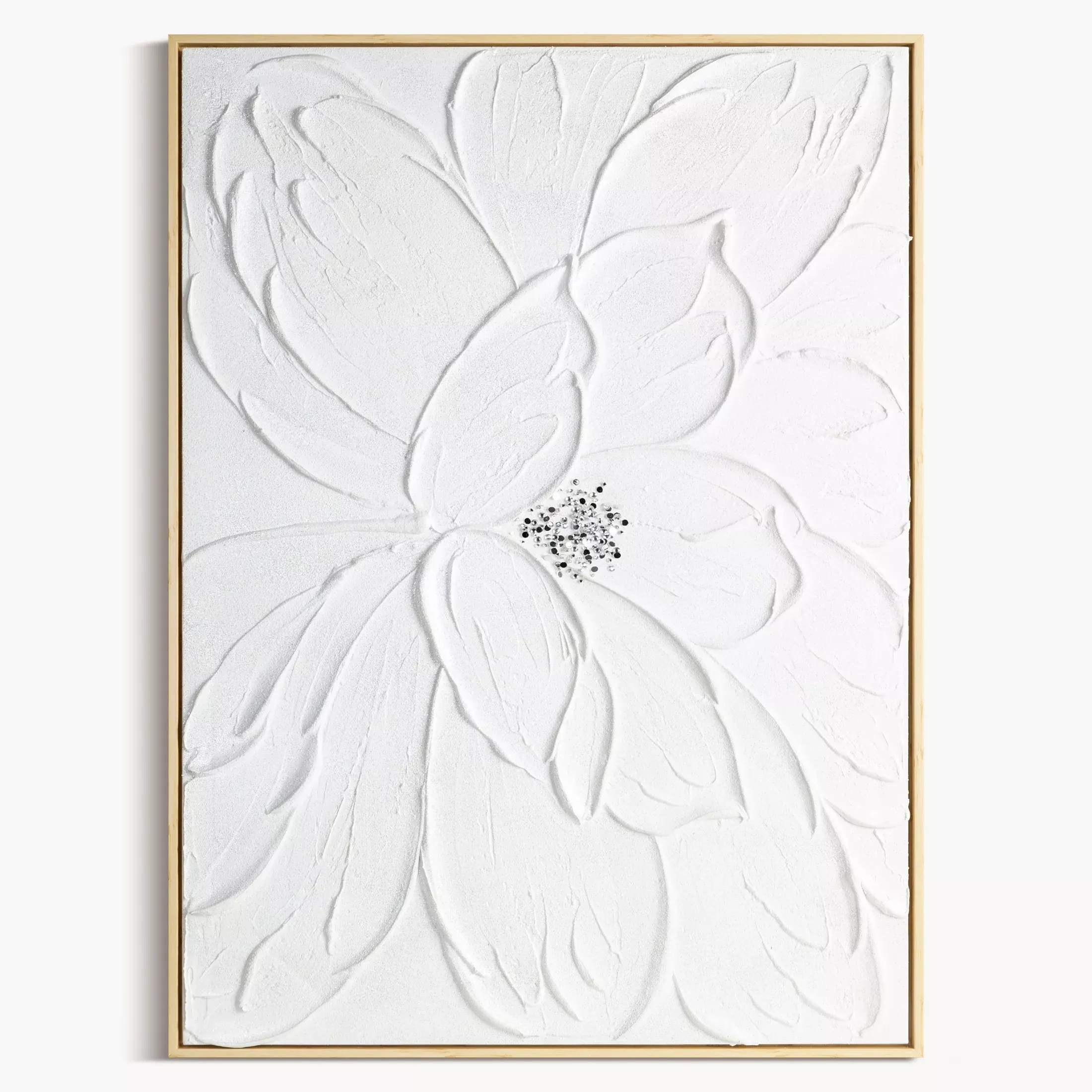 Obraz biały ręcznie malowany trójwymiarowy kwiat zdobiony kryształkami 60x90 cm