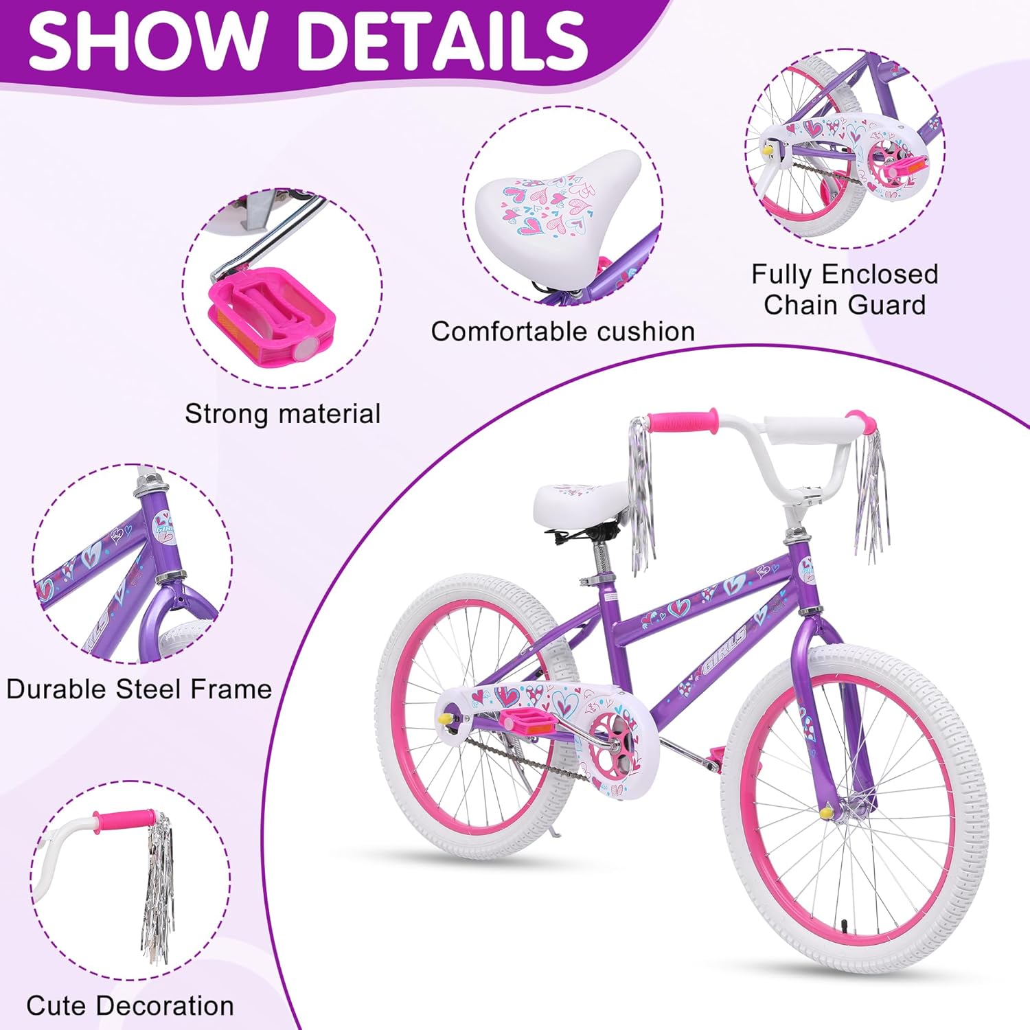 Kids Bike for Girls - 18 20 Inch Bicycle with Removable Training Wheels | Streamers | Coaster Brake | Free Balance to Pedal | Easy Learning | Multiple Colors for 3-12 Years Old Kids