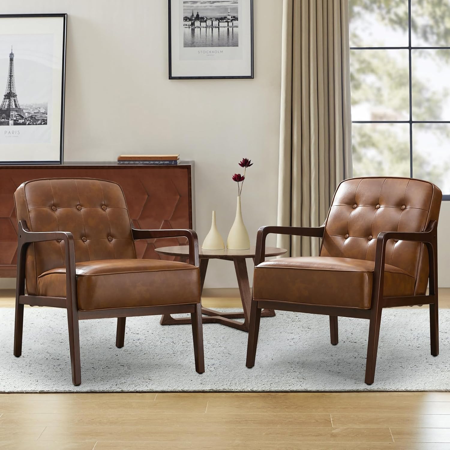 Faux Leather Accent Chair Set of 2, Mid Century Chair for Living Room, Upholstered Comfy Lounge Armchair with Solid Wood Frame, Modern Chair for Bedroom,105°Ergonomic Comfort, Brown