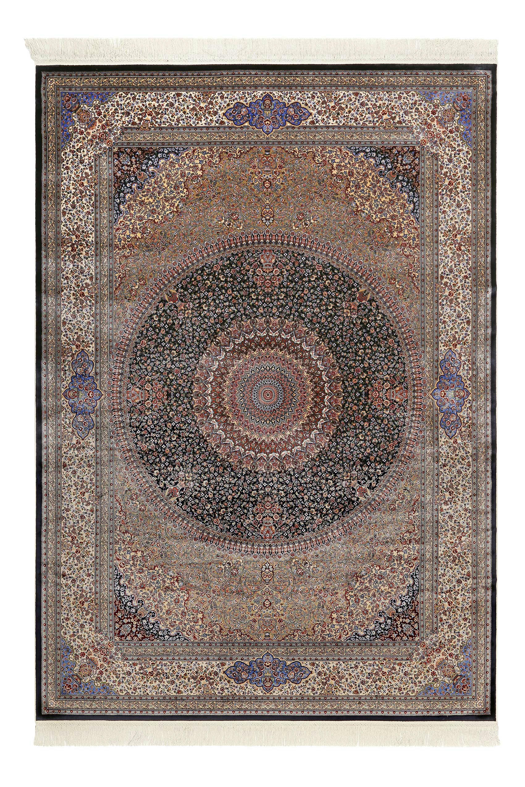 TÄBRIZ - Tapis tissé fin soyeux vintage bleu de très grande qualité 220x160