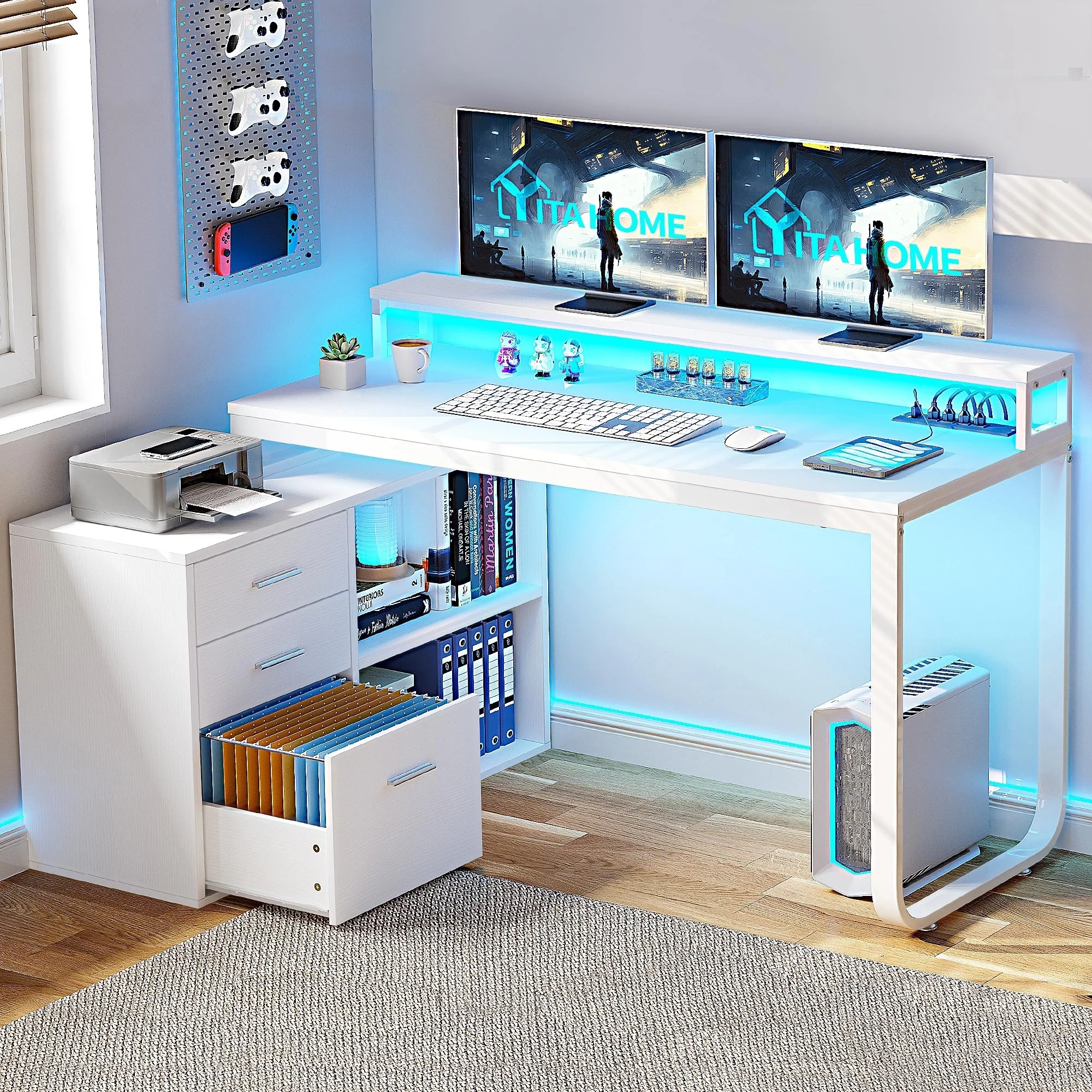 55 Inch L-shaped Gaming Desk with Power Outlets and LED Lights Computer Corner Desk with File Cabinet Monitor Stand