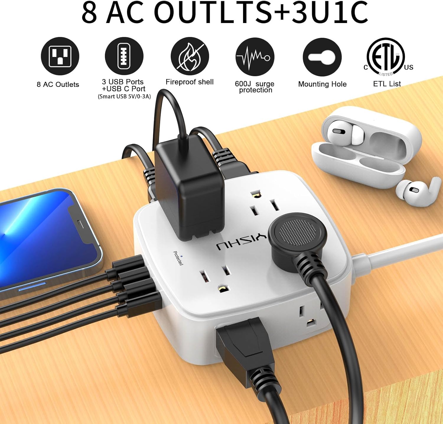 6 Ft Surge Protector Power Strip - 8 Widely Outlets with 4 USB Ports, 3 Side Outlet Extender with 6 Feet Extension Cord, Flat Plug, Wall Mount, Desk USB Charging Station, ETL,White