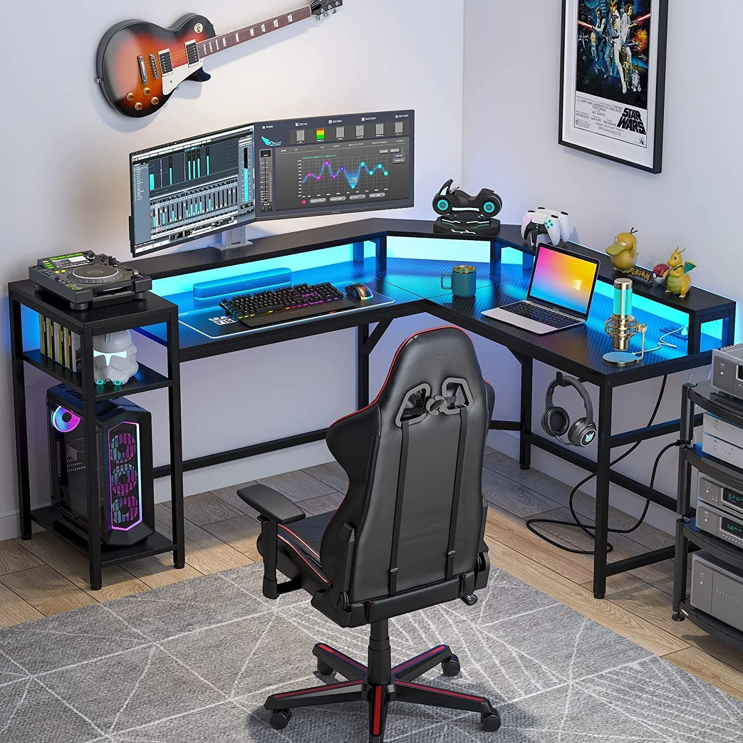 L-Shaped Gaming Desk with Power Outlets and LED Strips