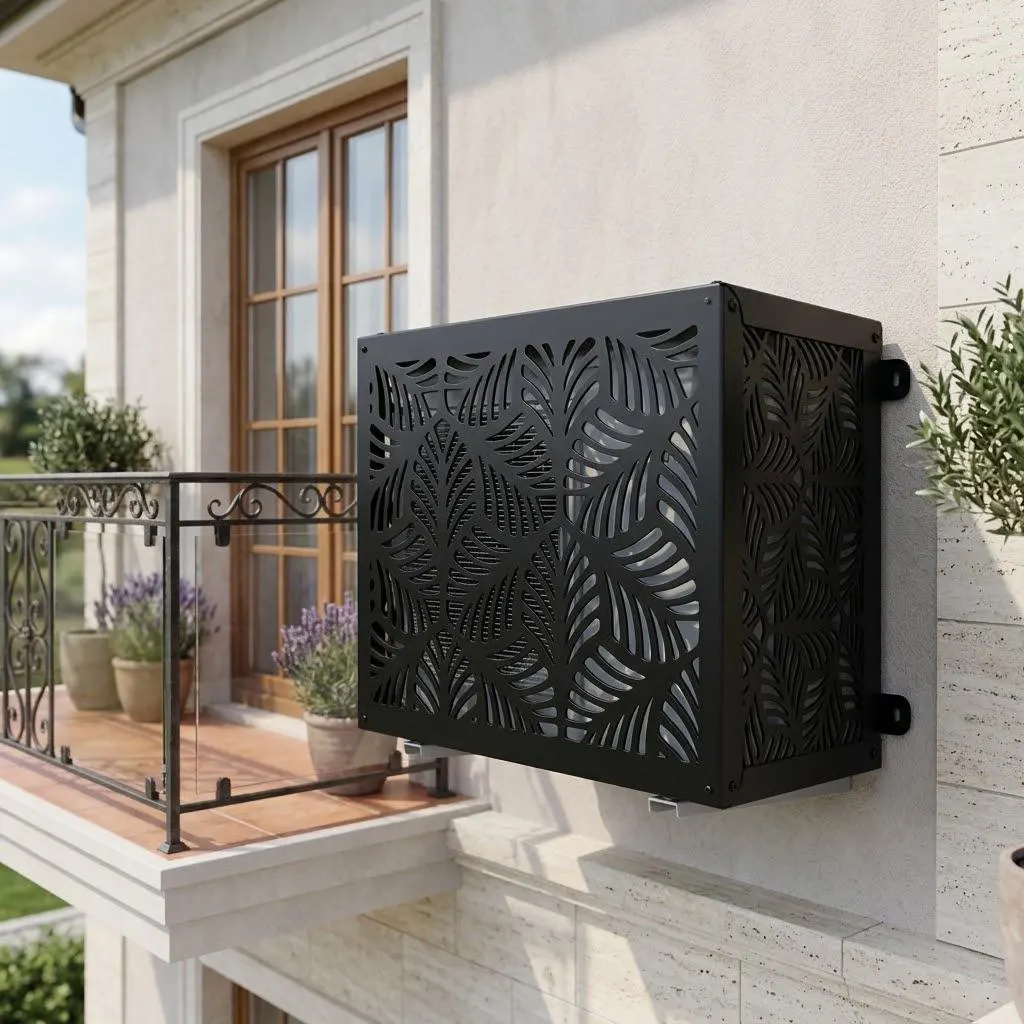 Botanical Metal Air Conditioner Cover, Decorative AC Screen, Outdoor Privacy Screen, Heat Pump Cover, Leaf Pattern Metal Wall Decor