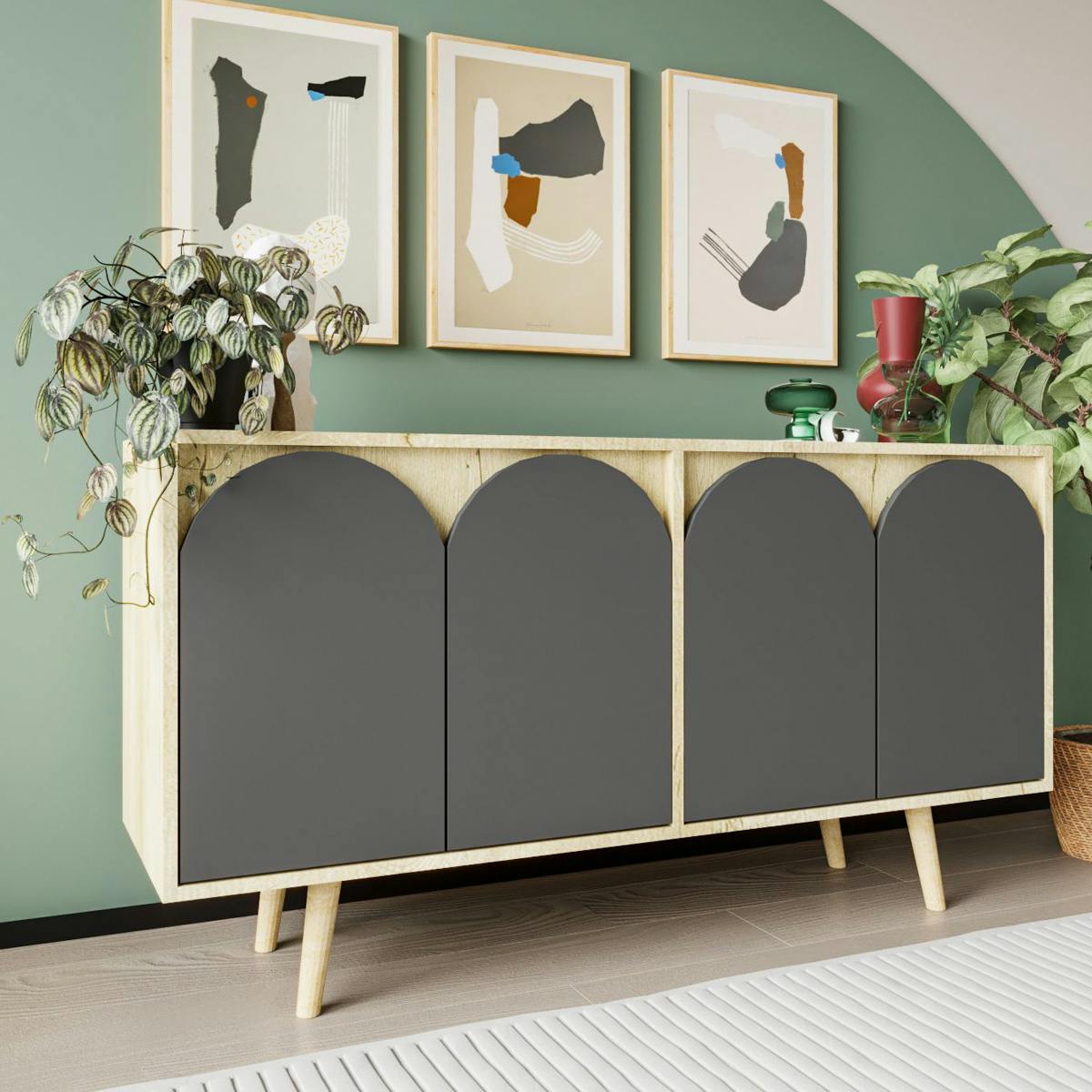 Buffet salle à manger effet bois 4 portes courbes grises VAREN