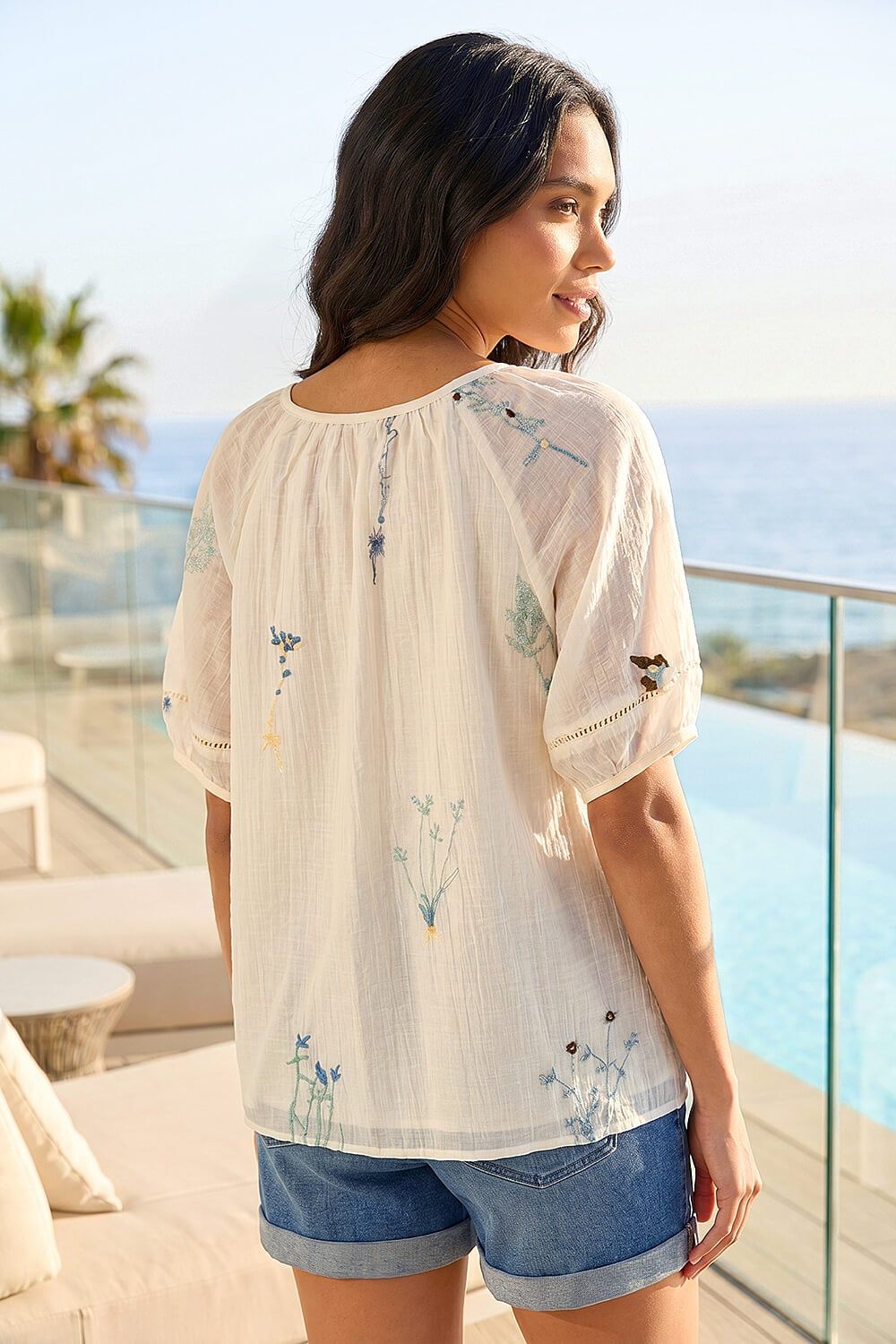 Roman Botanical Embroidery Keyhole Top